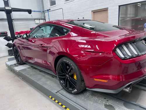 Ford Mustang GT on Hunter wheel alignment ramp at Stanways Autobodies